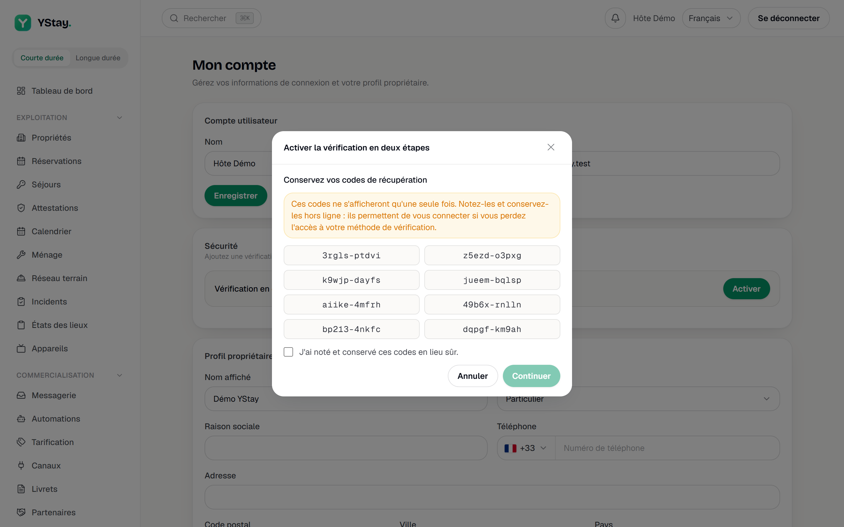 Les huit codes de récupération remis une seule fois.