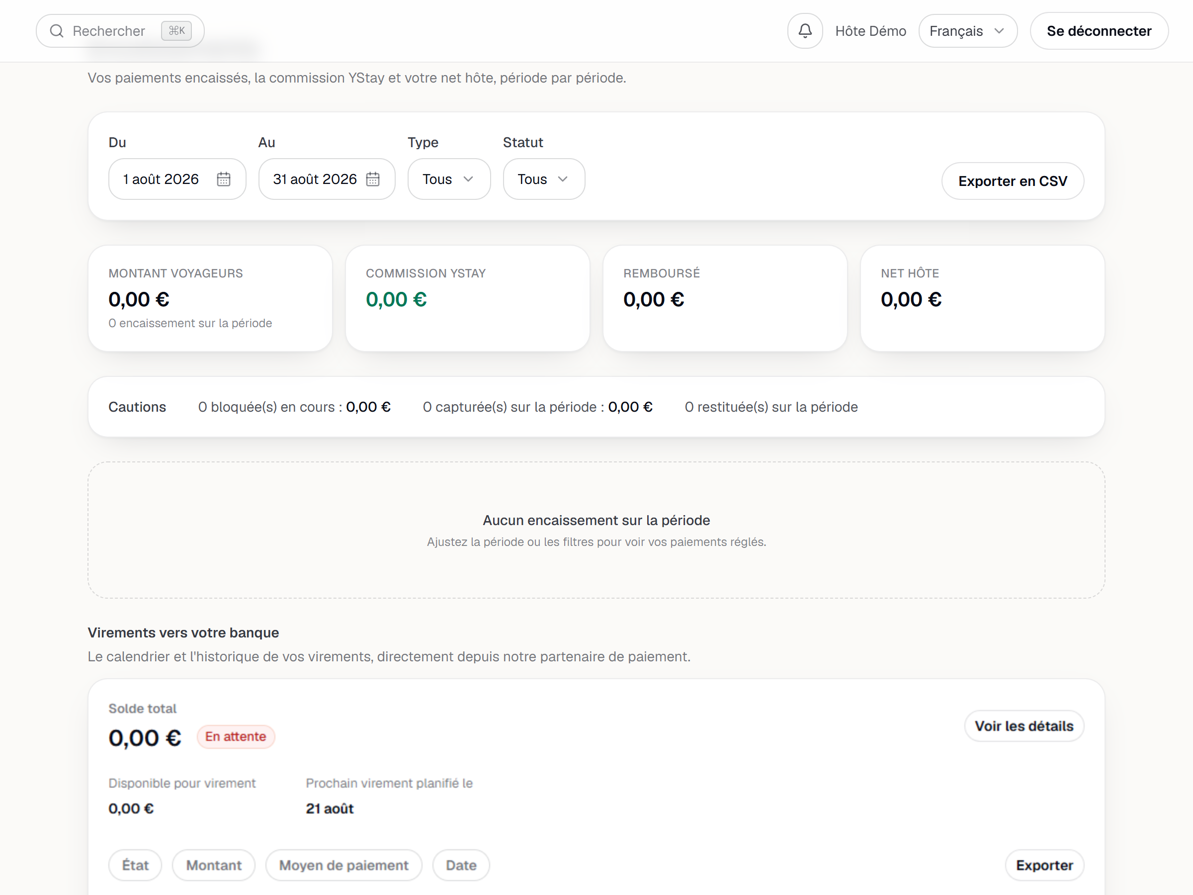 La page Encaissements avec ses totaux de période et le bouton d'export CSV.