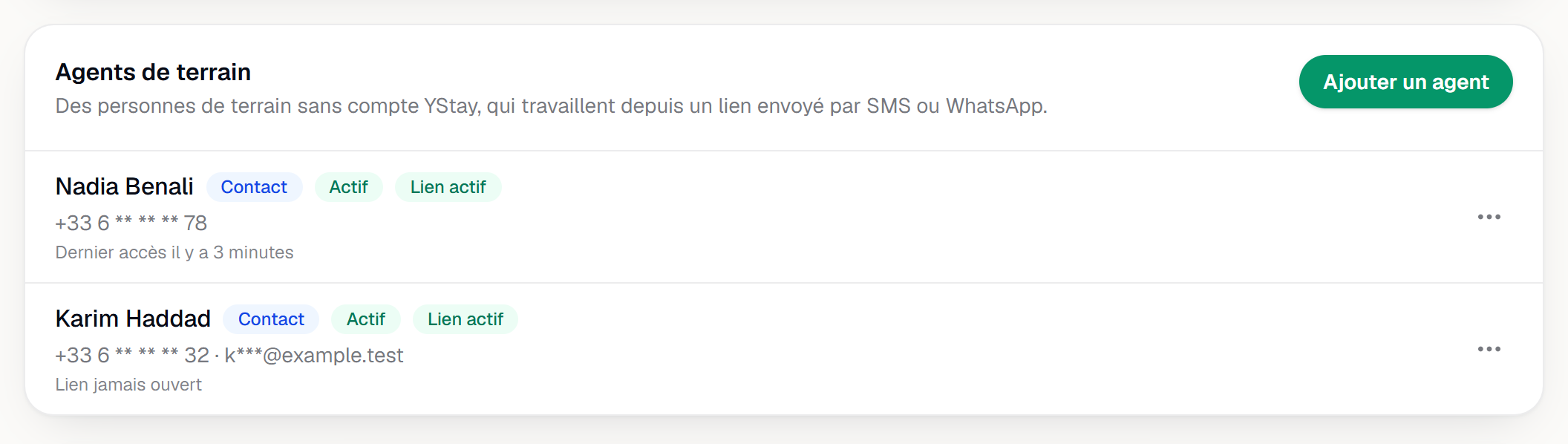 La page Équipe, carte Agents de terrain : un contact avec ses badges, l'état de son lien et son dernier accès, et un prestataire.