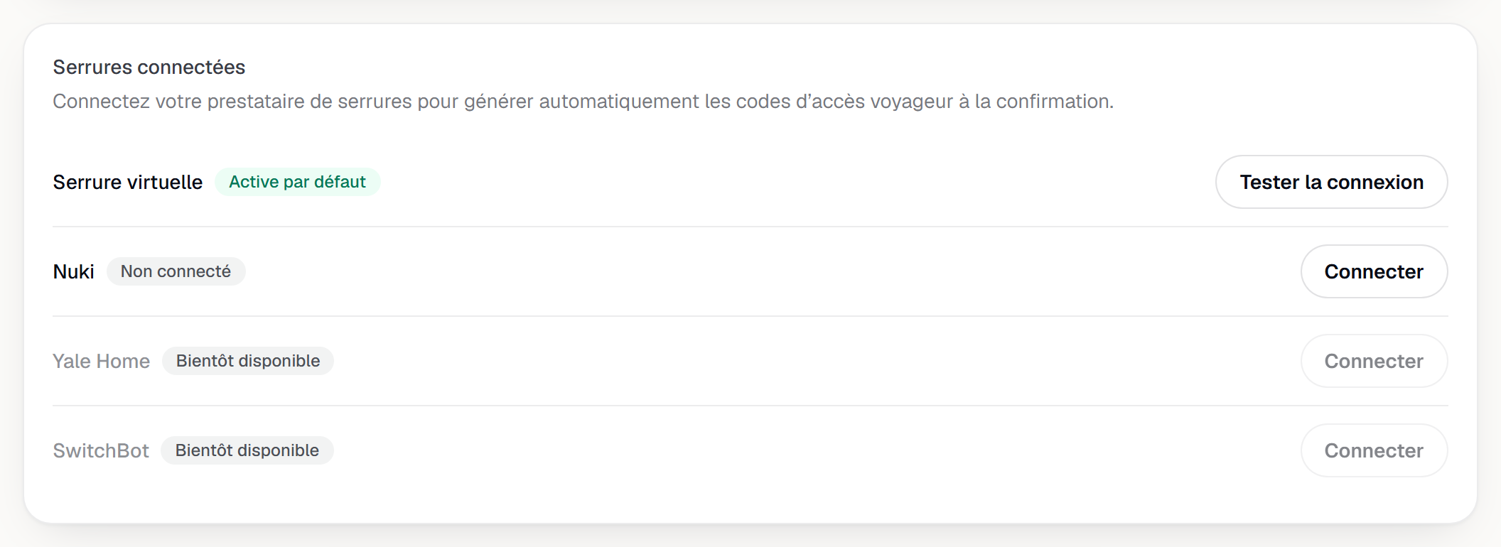 La carte Serrures connectées de la page Intégrations : les quatre prestataires et leur état.