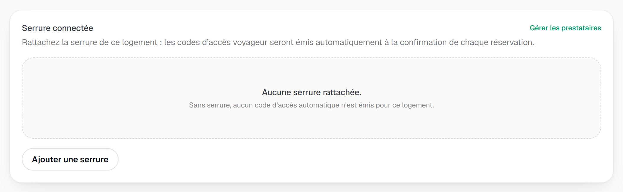 La carte Serrure connectée d'une annonce sans serrure : l'état vide et le bouton Ajouter une serrure.