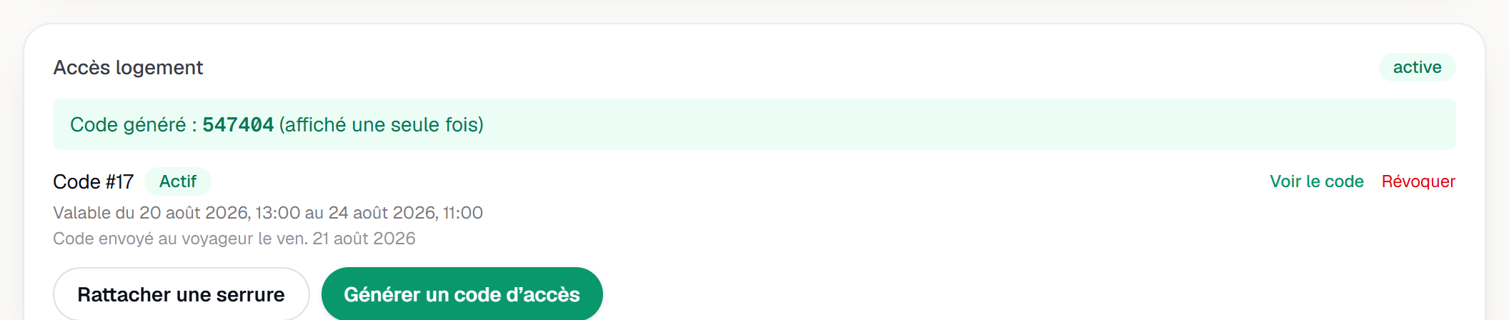 Le bandeau Code généré, affiché une seule fois, et la ligne du code actif avec sa fenêtre de validité.