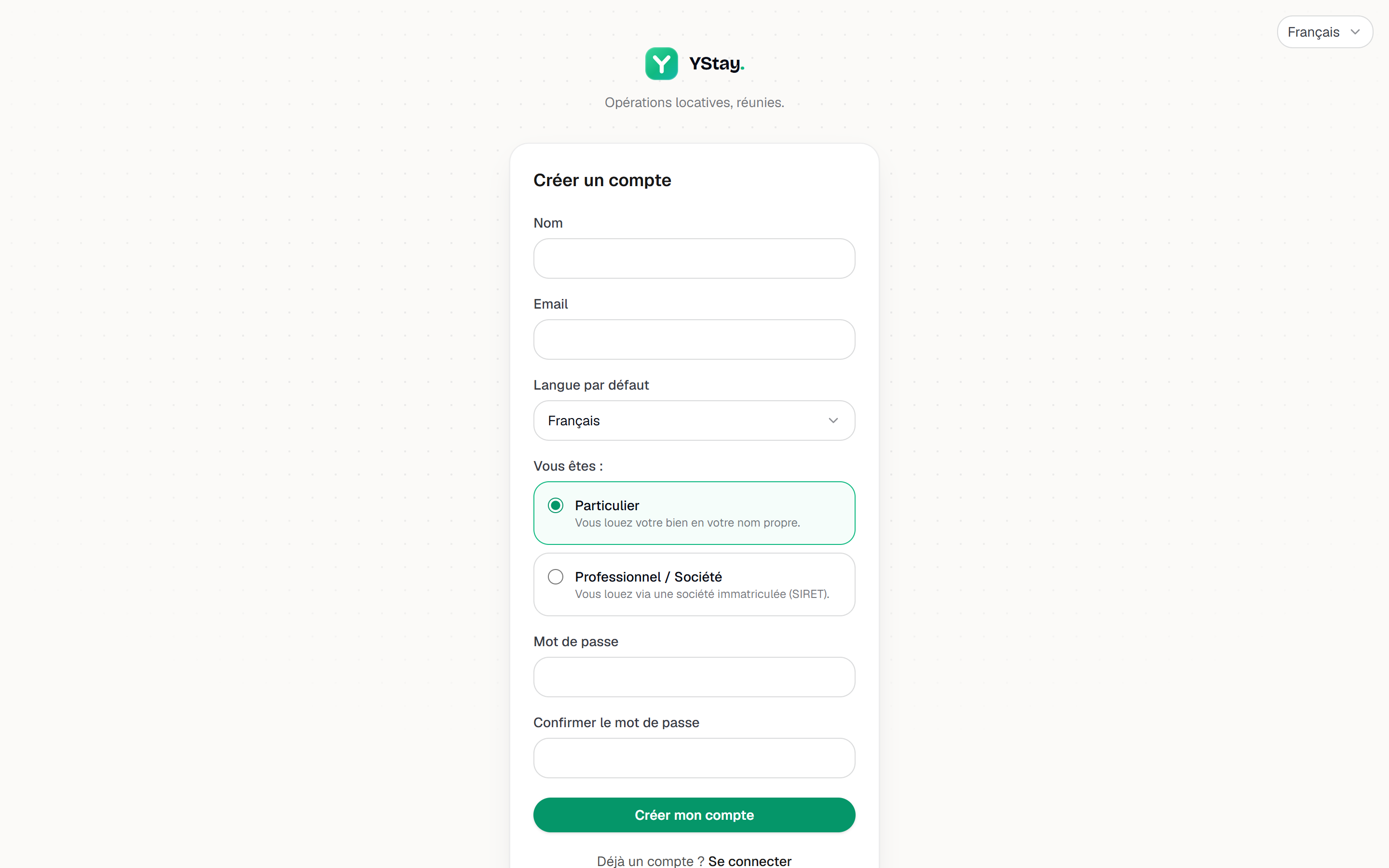 Le formulaire « Créer un compte » complet, choix Particulier / Professionnel visible.