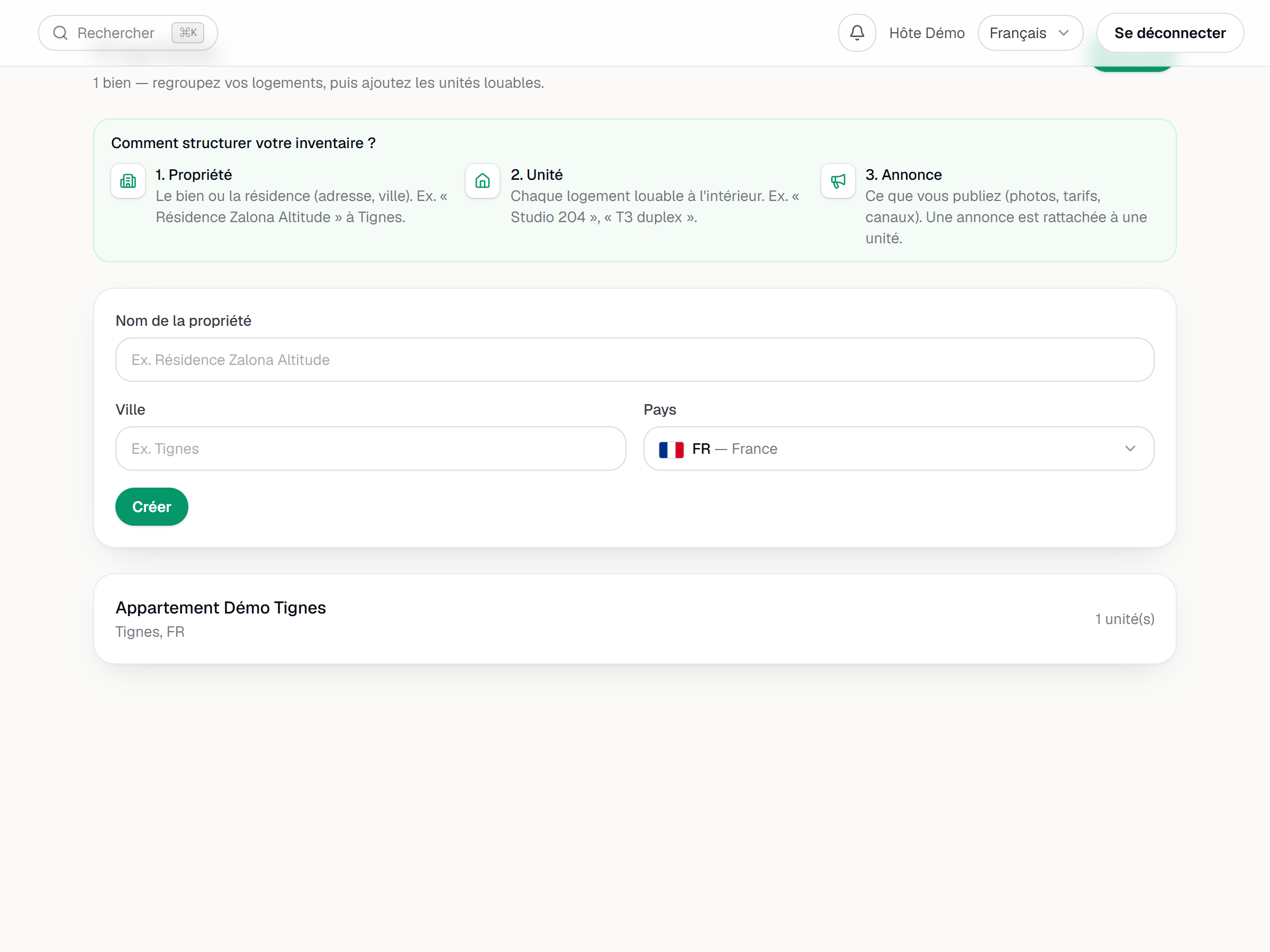 Le formulaire « Nouvelle propriété » ouvert sur la page Propriétés.