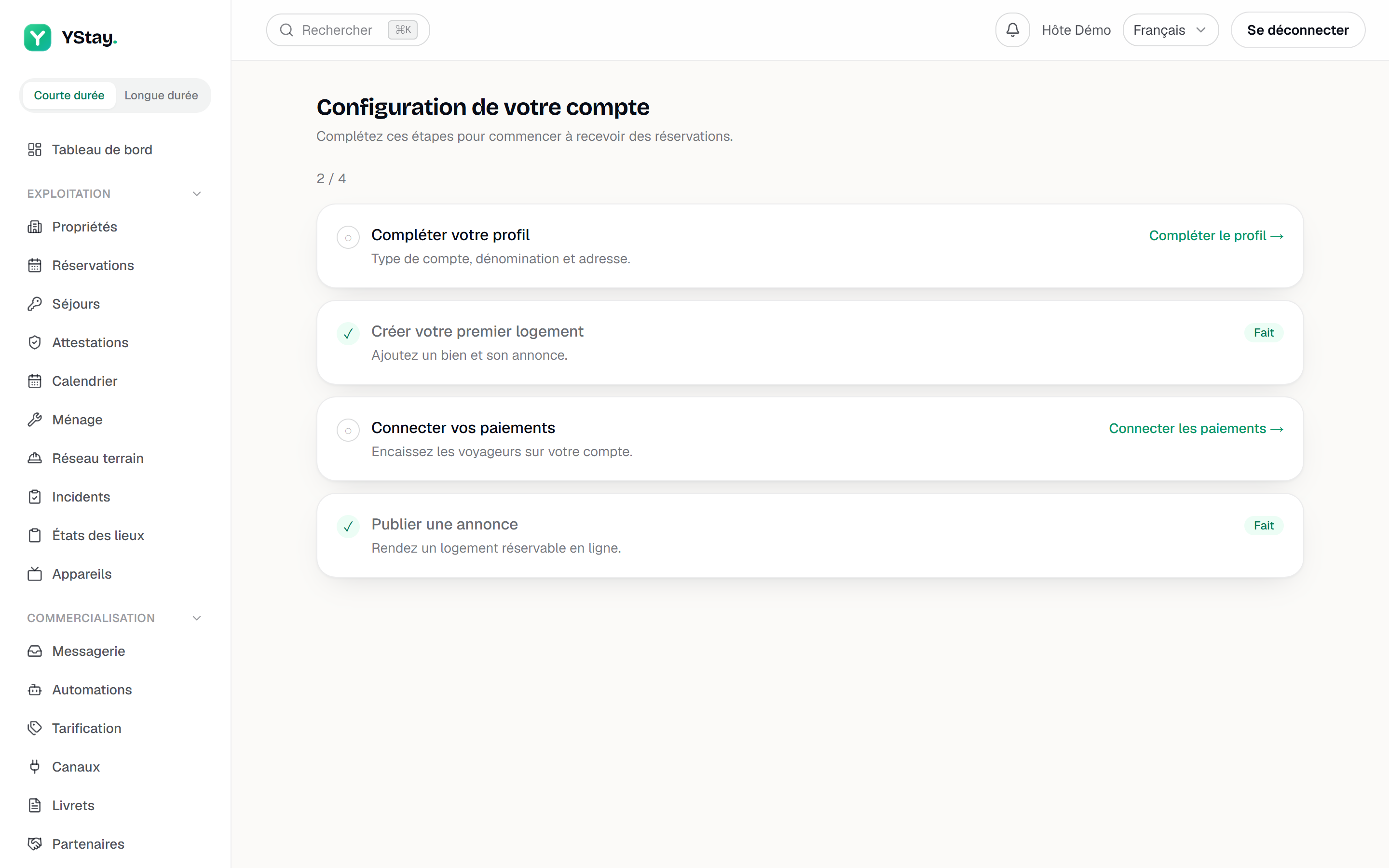 La page « Configuration de votre compte », avec l'étape « Compléter votre profil » en tête.