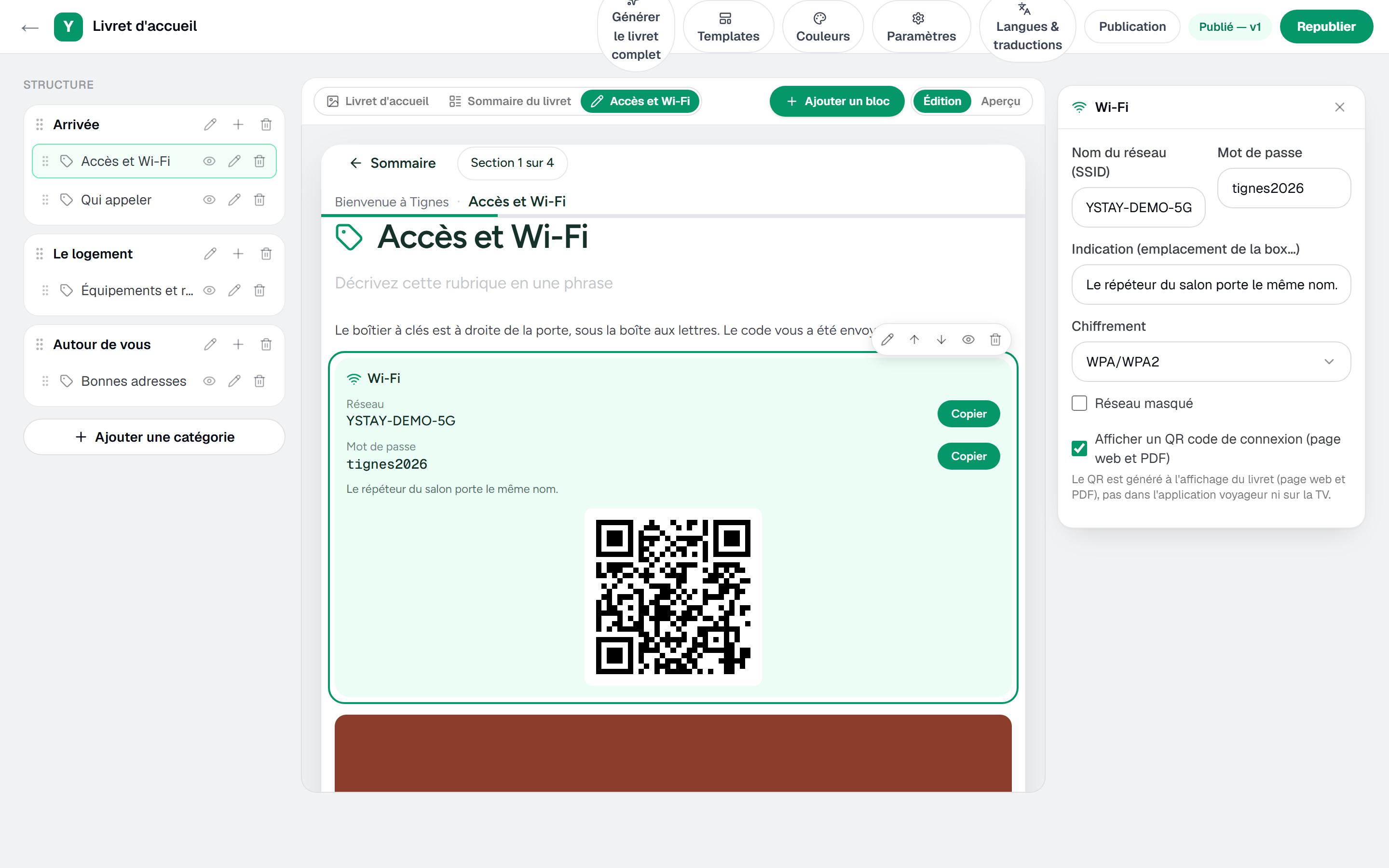 L'éditeur du bloc Wi-Fi : nom du réseau, mot de passe, Chiffrement, Réseau masqué et case du QR code de connexion.