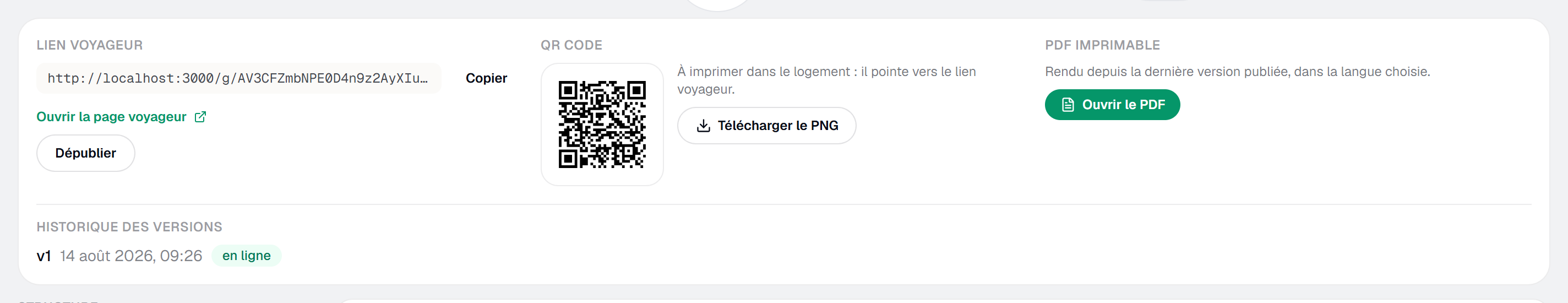 Le panneau Publication : lien voyageur, QR code, PDF par langue et bouton Publier.