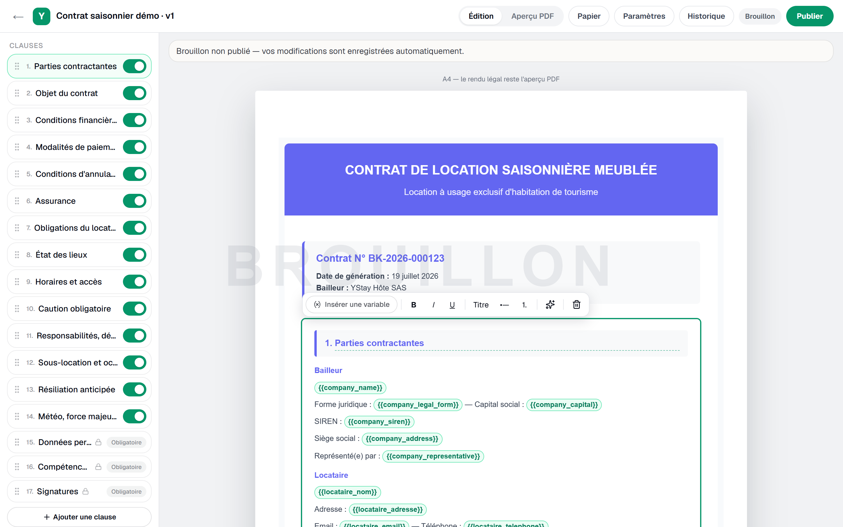 Le Studio contrat : le canvas papier et le rail de clauses.