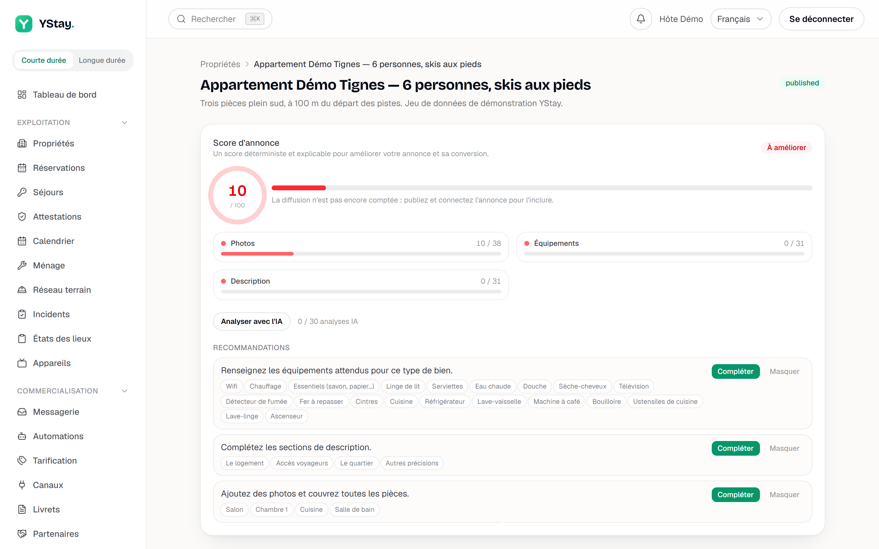 Le panneau Score d'annonce : jauge, dimensions et recommandations.