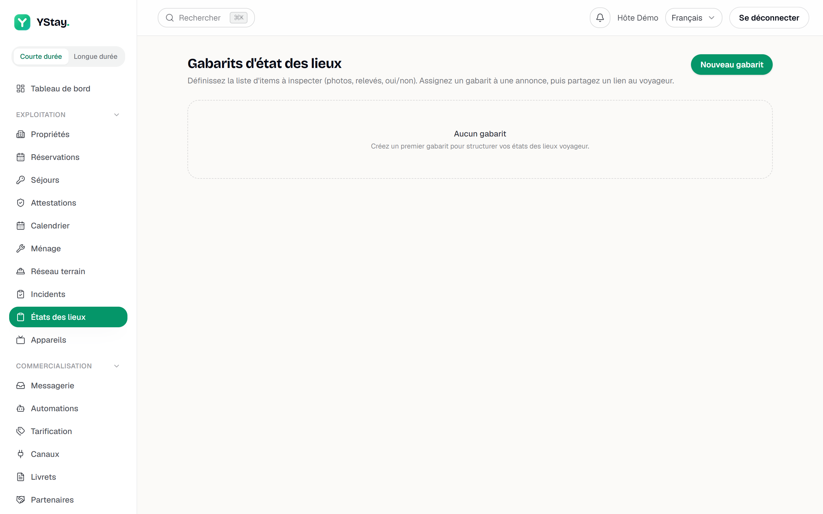 La page Gabarits d'état des lieux.