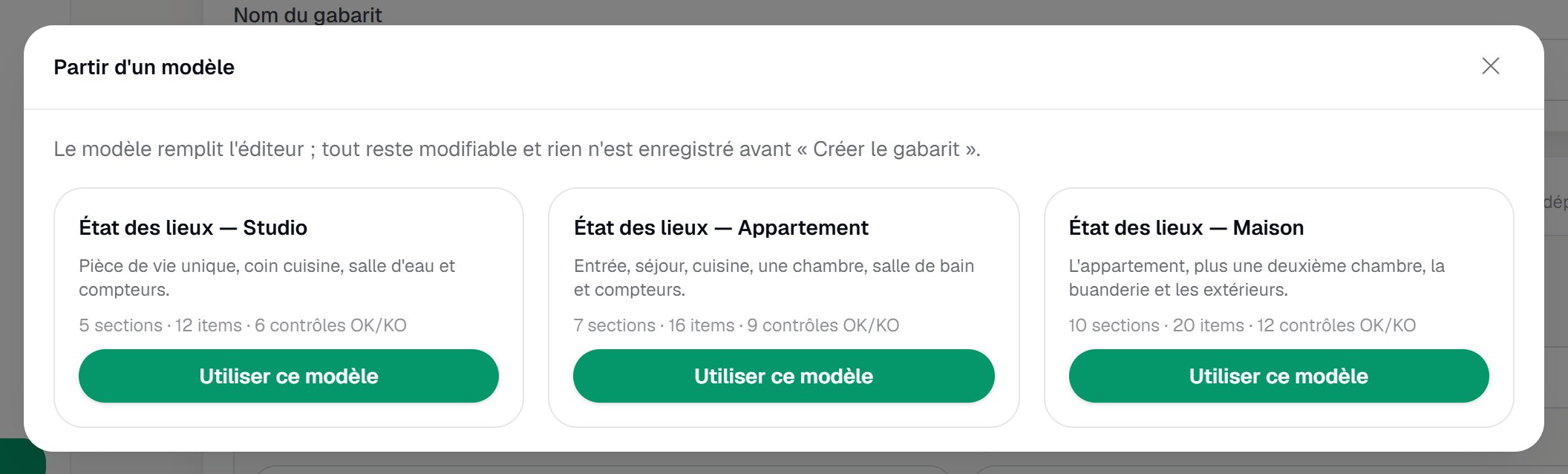 La galerie Partir d'un modèle : les trois modèles Studio, Appartement et Maison.