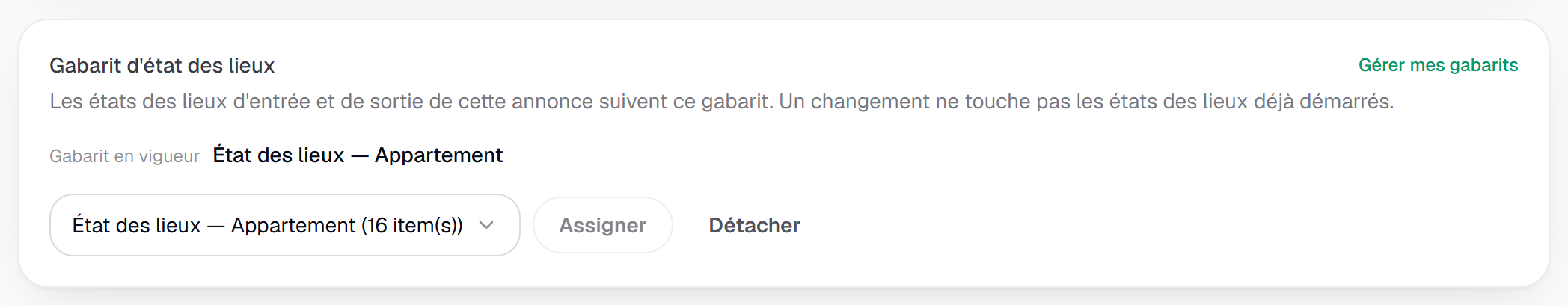 La carte Gabarit d'état des lieux de la page de l'annonce : gabarit en vigueur, sélecteur, boutons Assigner et Détacher.