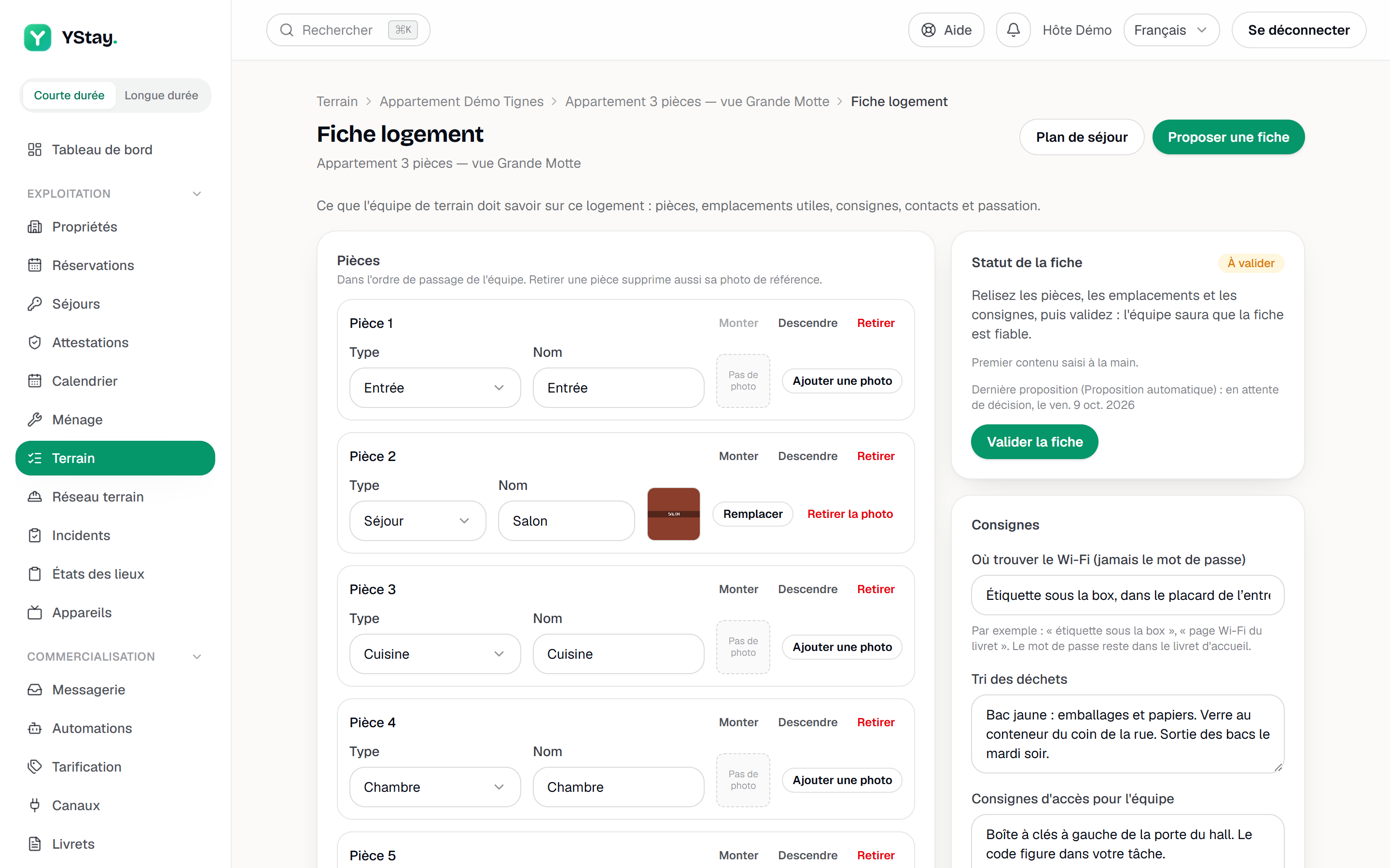 La fiche d'un logement : pièces, emplacements utiles et checklists du logement, puis statut de la fiche, consignes, contacts utiles et notes de passation.