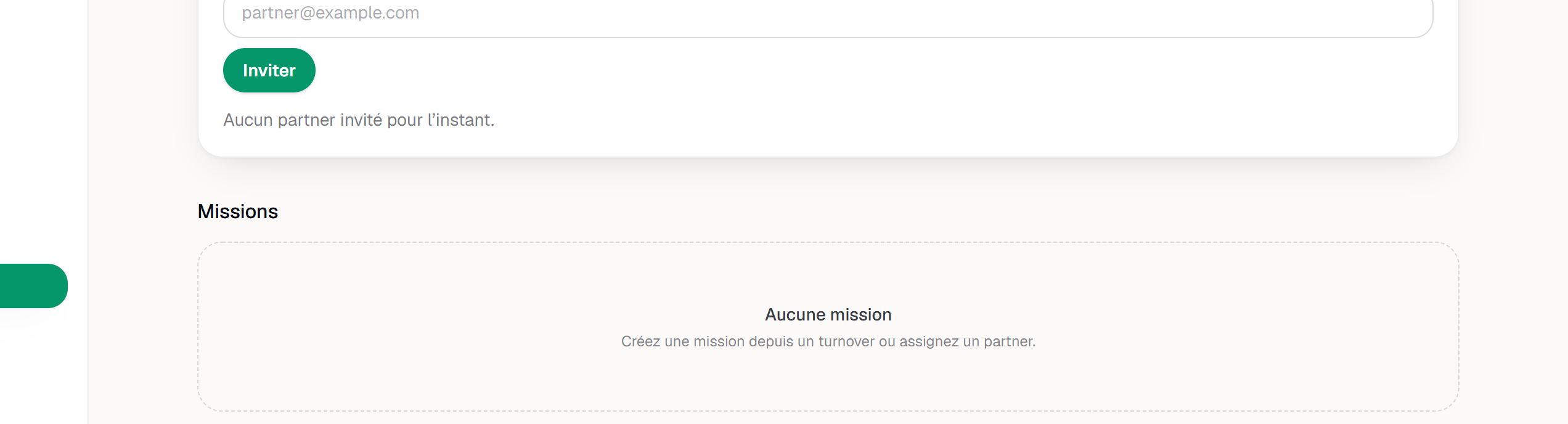 La liste des missions (ou son état vide).