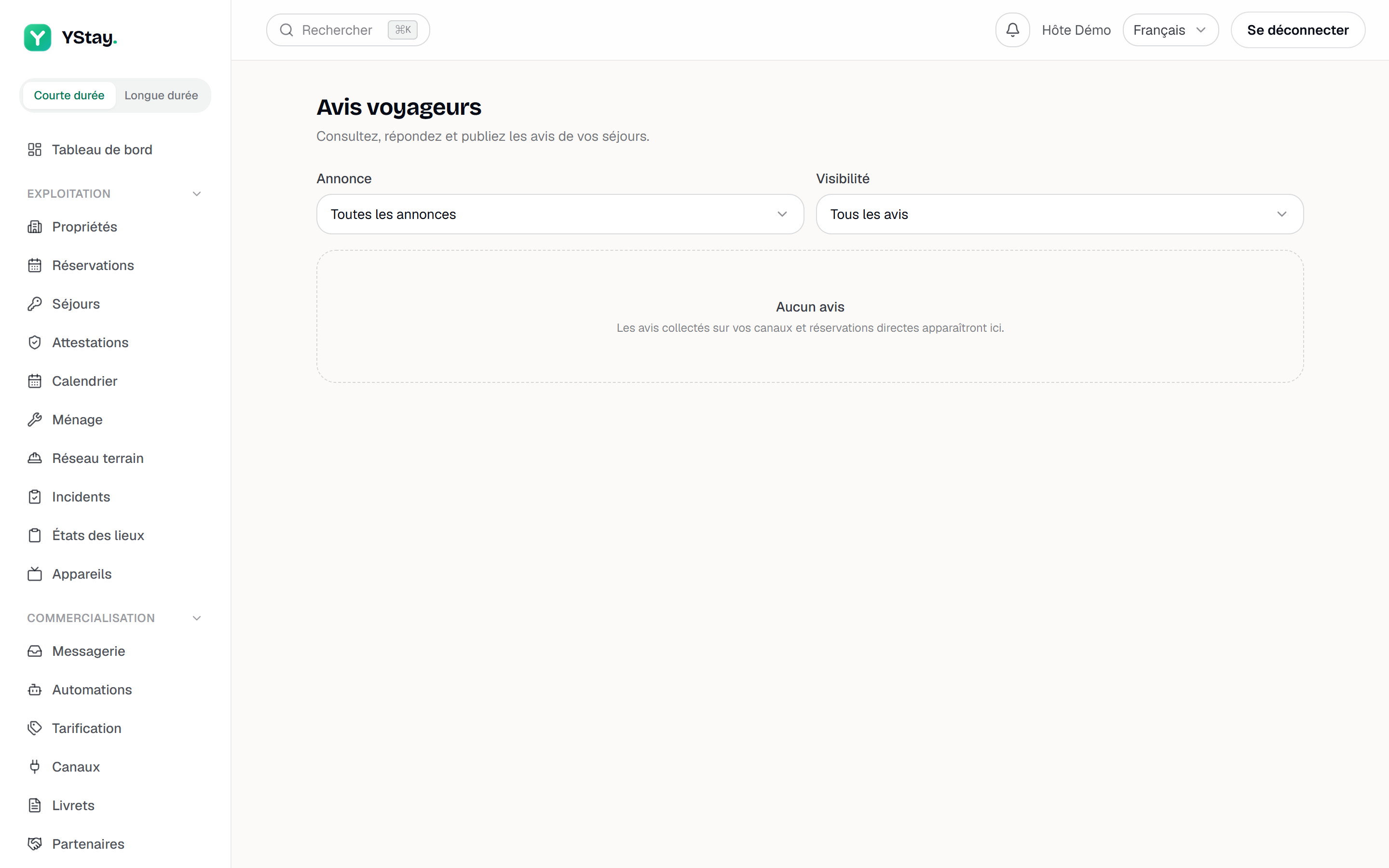 La page Avis voyageurs et ses filtres.