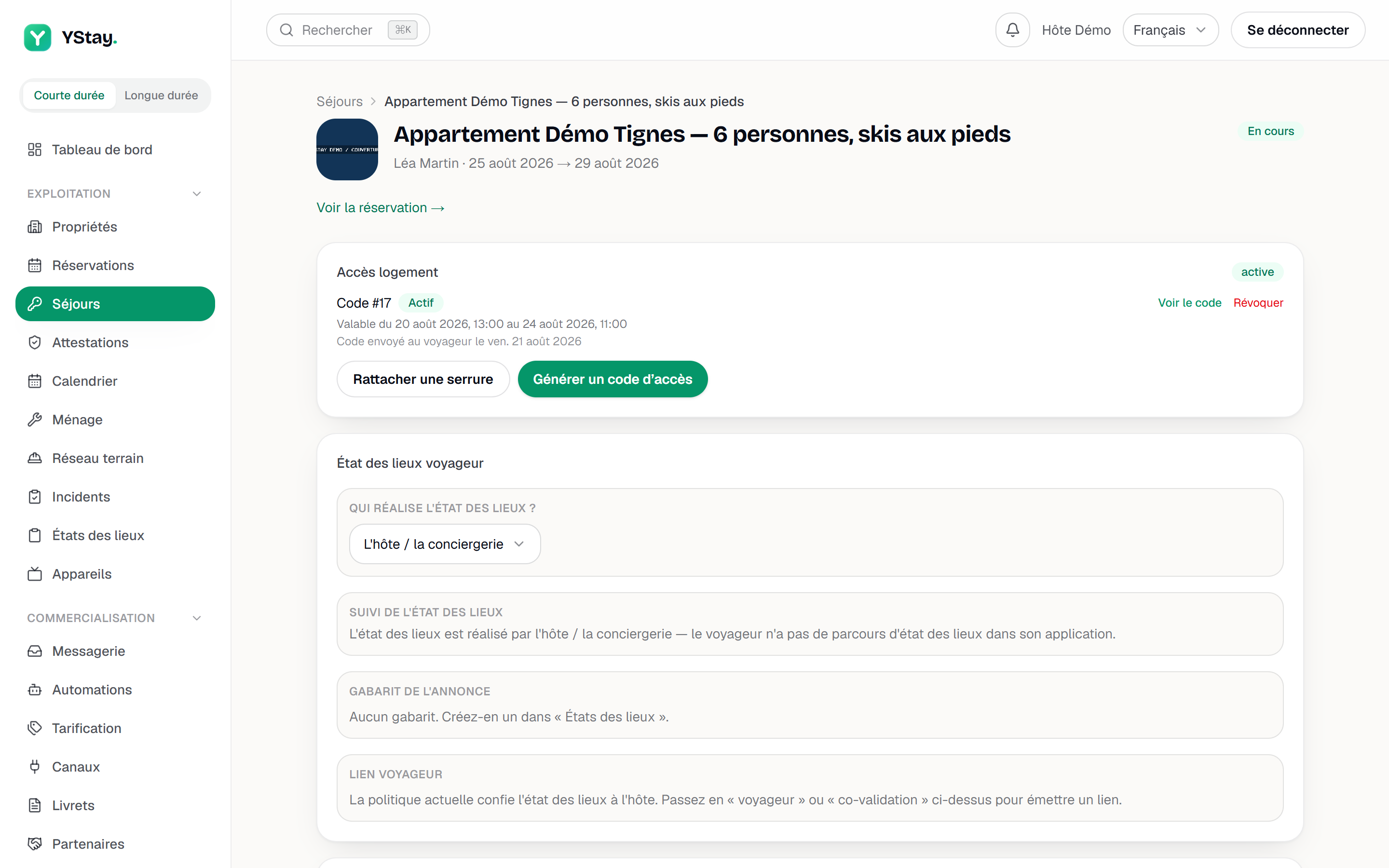 La fiche d'un séjour : les panneaux opérationnels.