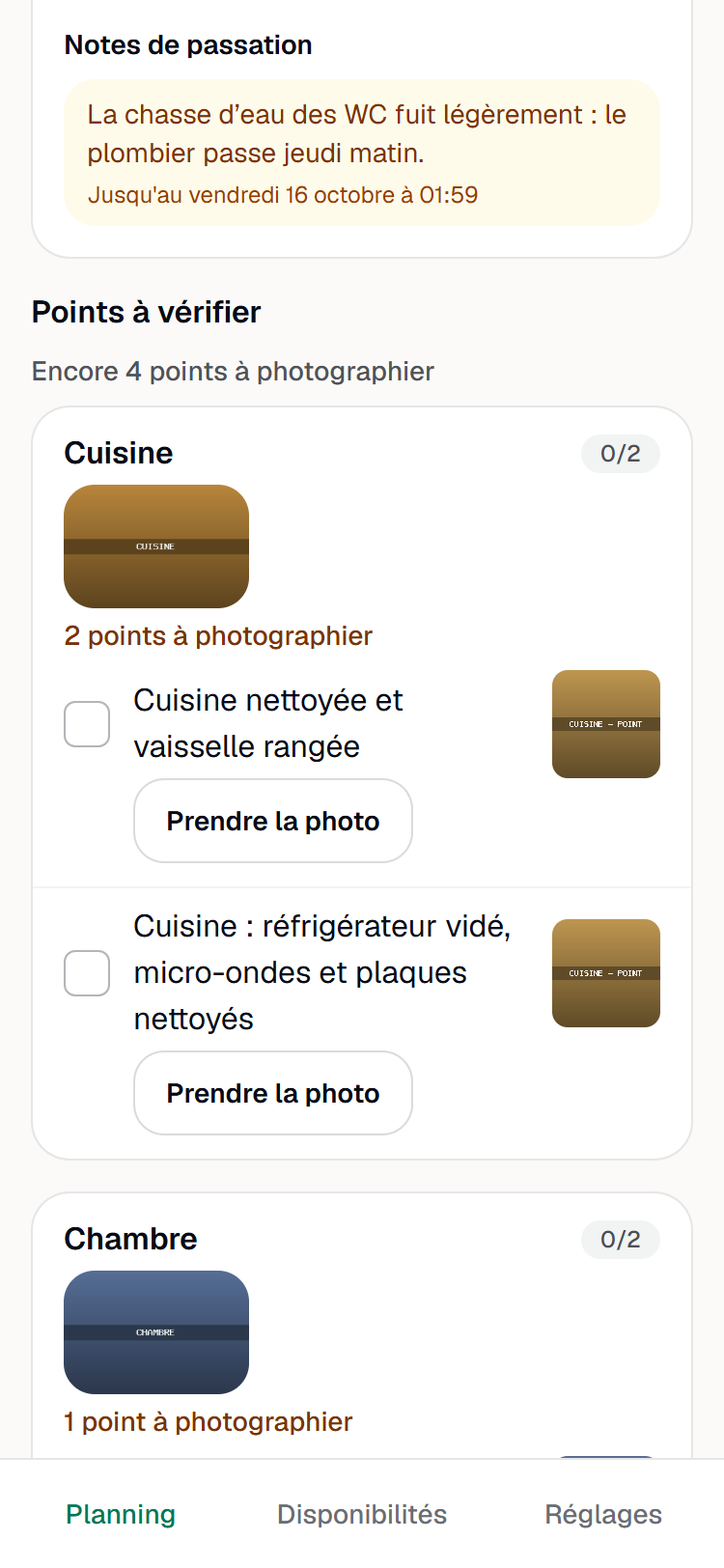 La tâche d'un agent sur son téléphone : la fiche du logement, puis les points à vérifier rangés par pièce, avec leur progression, la photo de référence de la pièce et la vignette de chaque point.