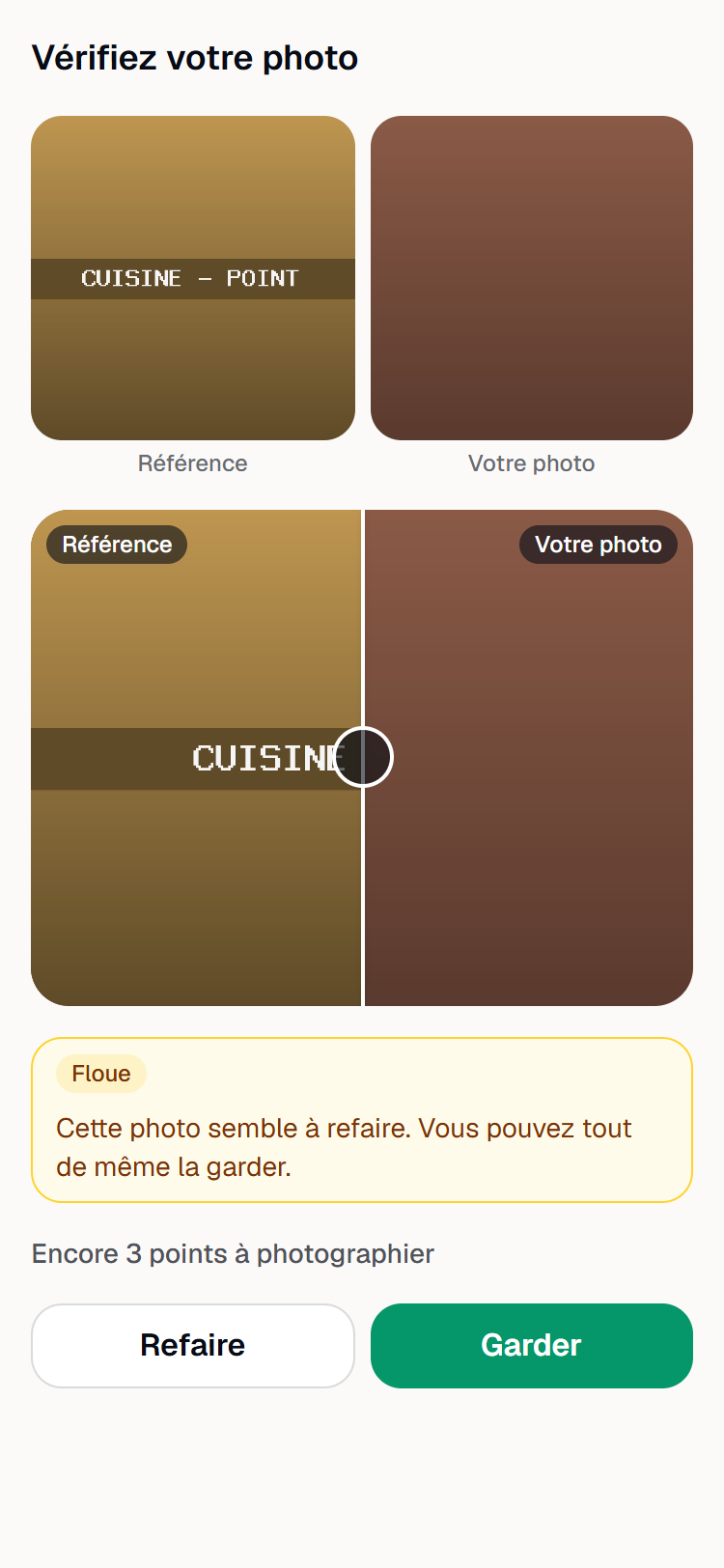 L'écran Vérifiez votre photo sur un téléphone : la référence et la photo côte à côte, le comparateur, un signalement de qualité et les boutons Refaire et Garder.