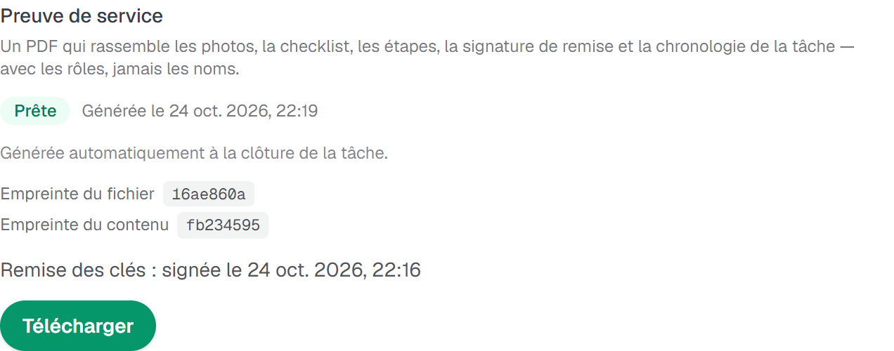La carte Preuve de service d'une tâche terminée : le badge Prête, la date de génération, les empreintes du fichier et du contenu, la ligne Remise des clés et le bouton Télécharger.