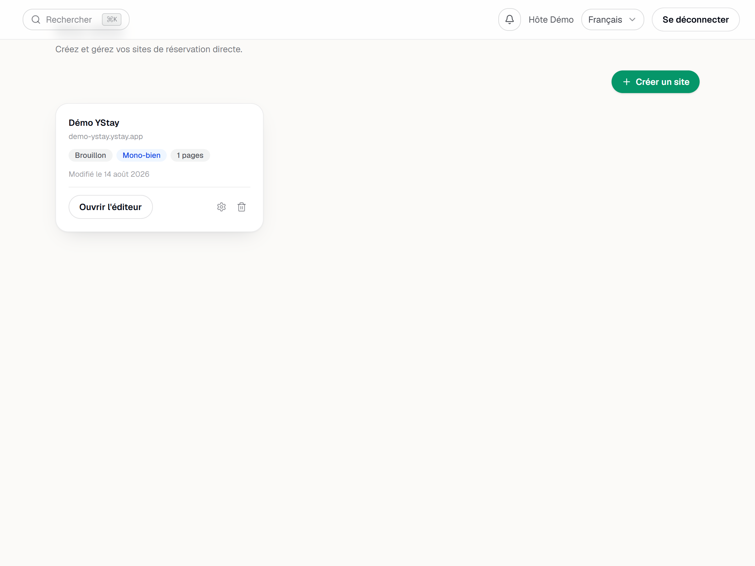 La page Mes sites et le bouton Créer un site.