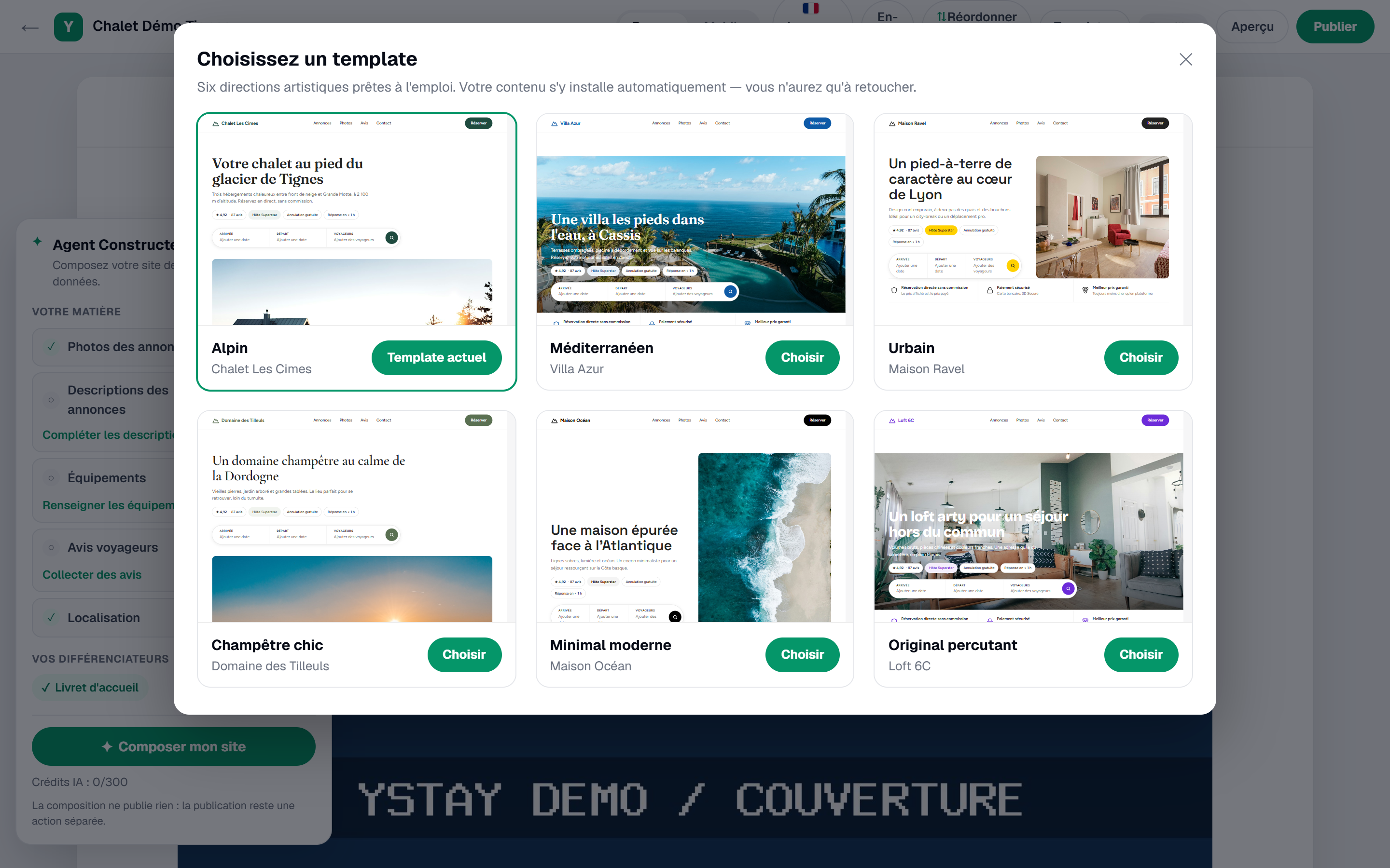 La galerie de templates du Studio site.