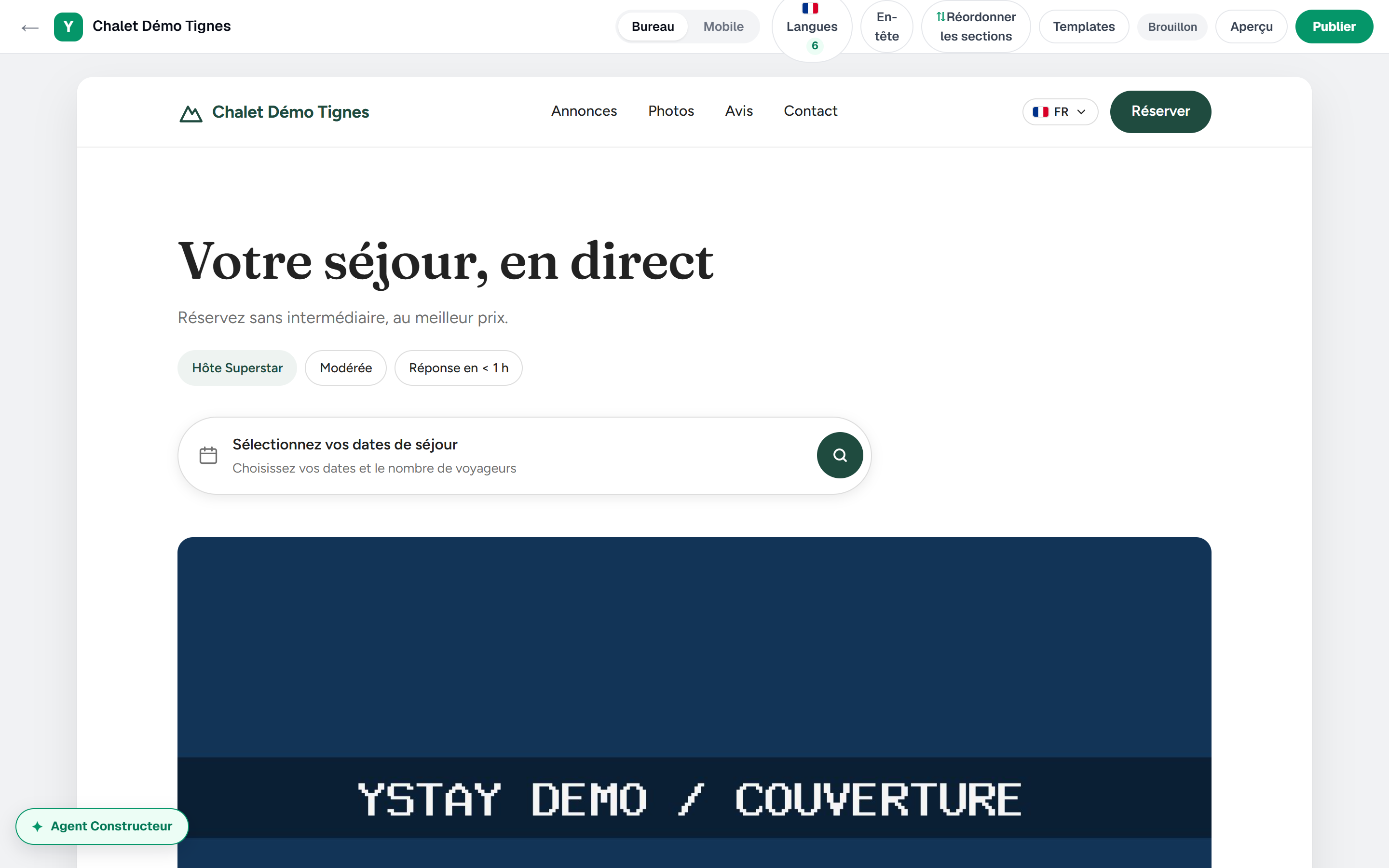 Le Studio : la barre d'état et de publication au-dessus du rendu éditable.