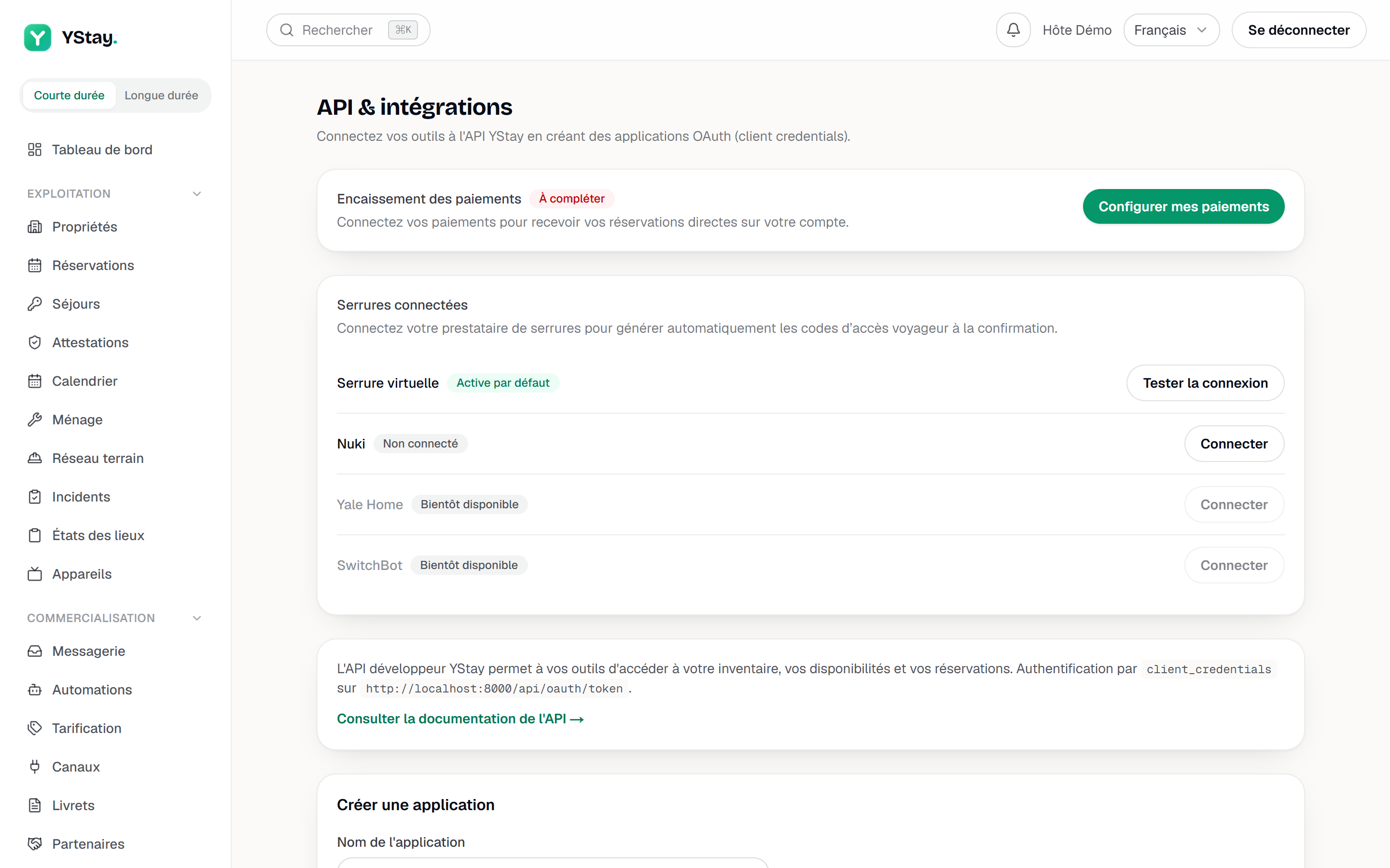 La page API & intégrations : vue d'ensemble.