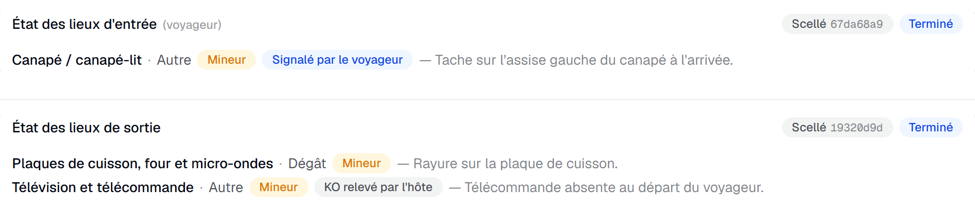 Les constats du panneau StayProof avec leurs badges de provenance : Signalé par le voyageur et KO relevé par l'hôte.