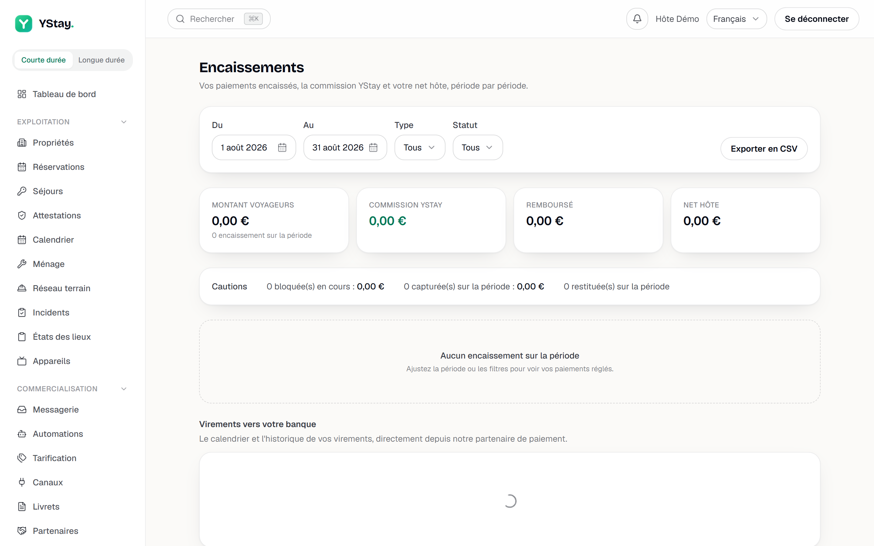 La page Encaissements : paiements, commission, net hôte.