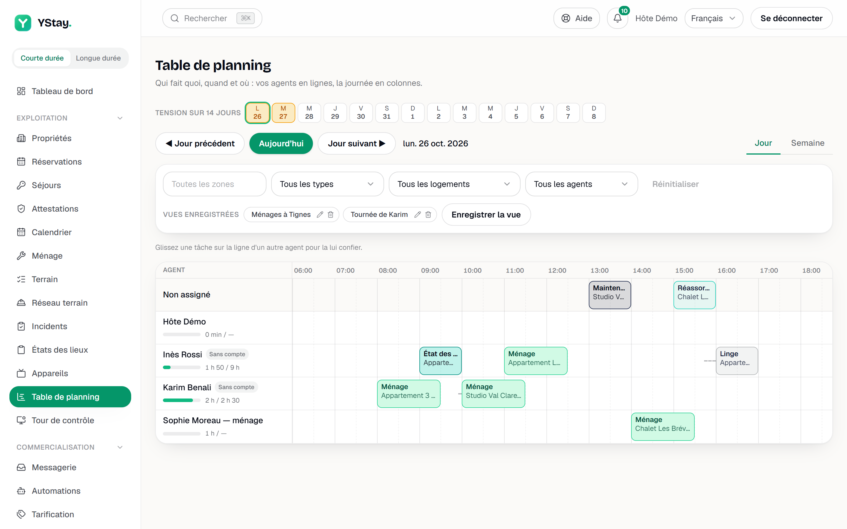 La table de planning d'une journée : la bande Tension sur 14 jours, la ligne Non assigné en tête, puis une ligne par agent avec sa jauge, ses blocs colorés par type et un trajet estimé en pointillé.