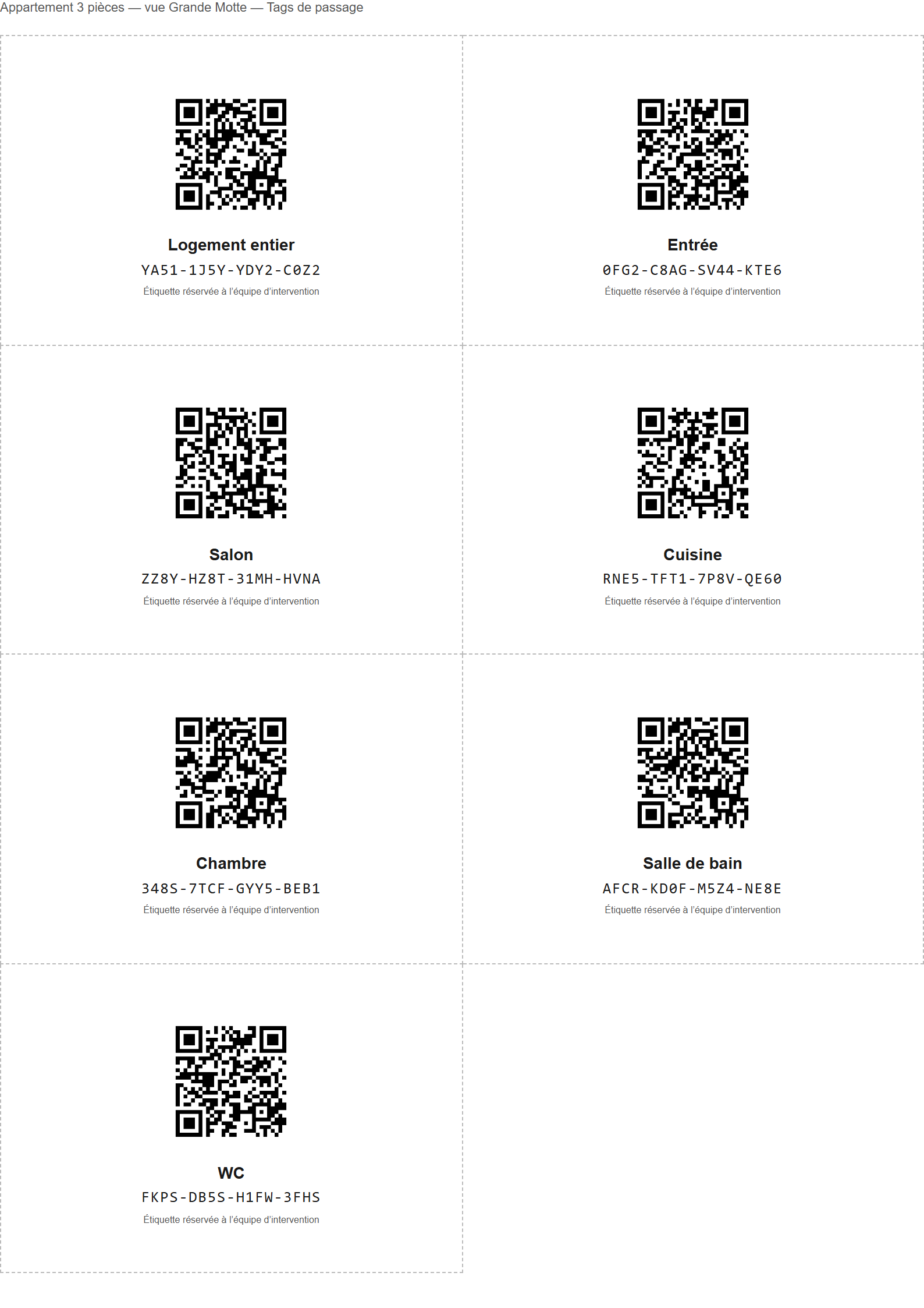 La planche d'étiquettes d'un logement, au format A4 : huit étiquettes par page, chacune avec son QR, le nom de la pièce, son code court et la mention Étiquette réservée à l'équipe d'intervention.