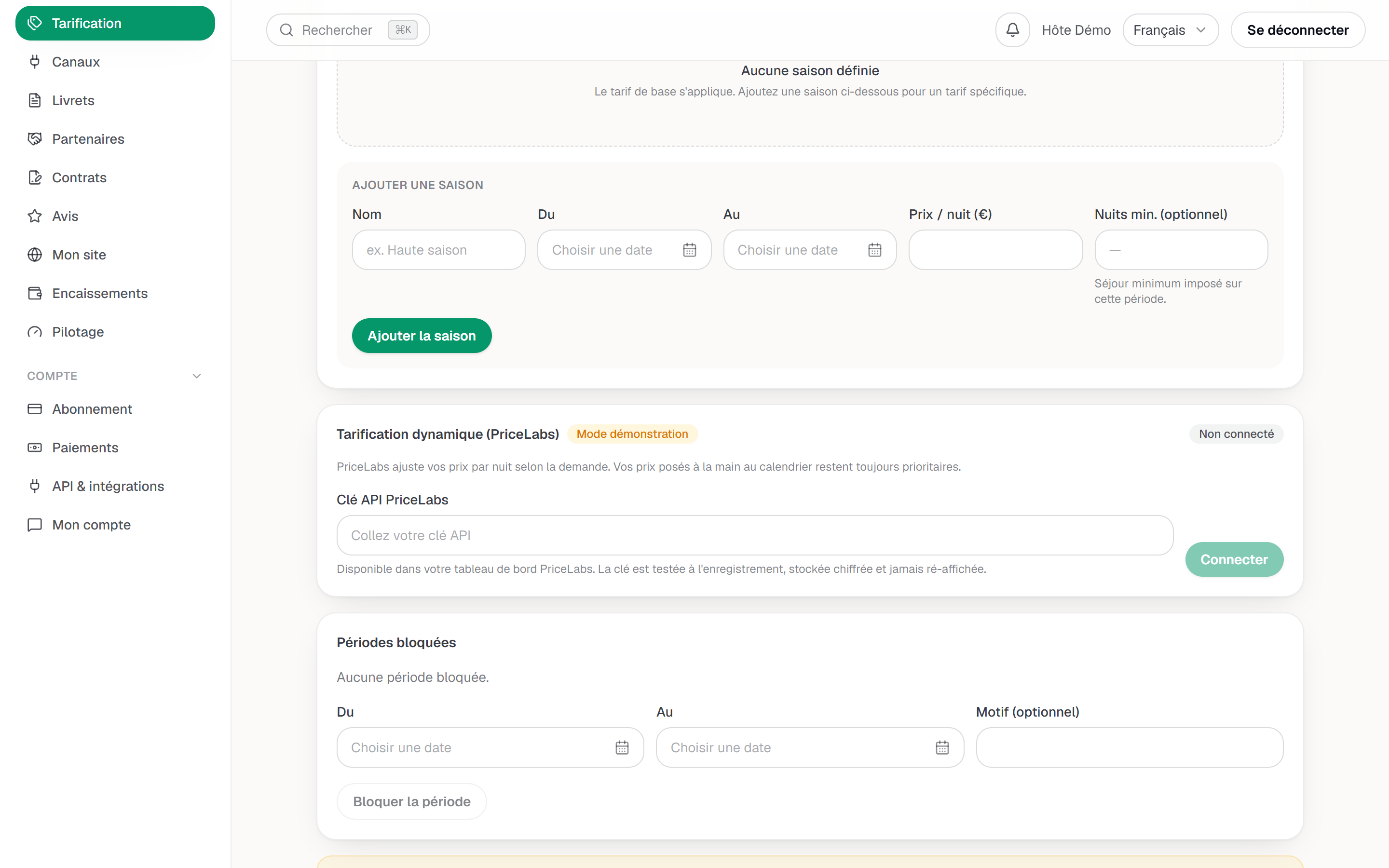 La carte PriceLabs avant connexion : le champ de clé d'API.