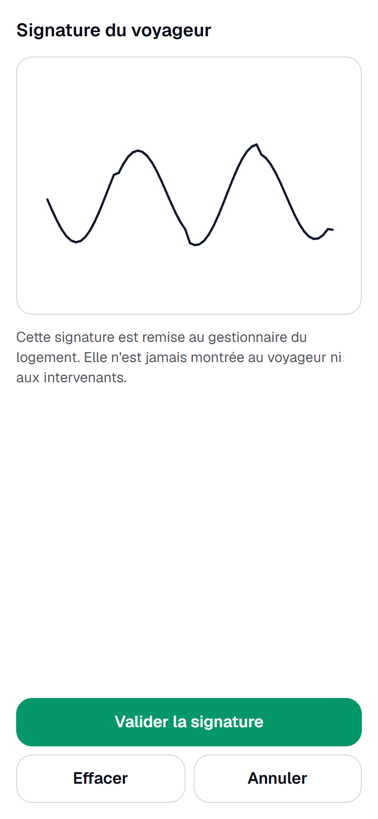 L'écran Signature du voyageur sur un téléphone : la zone de signature avec un tracé, la mention que la signature est remise au gestionnaire et jamais montrée au voyageur ni aux intervenants, et les boutons Effacer et Valider la signature.